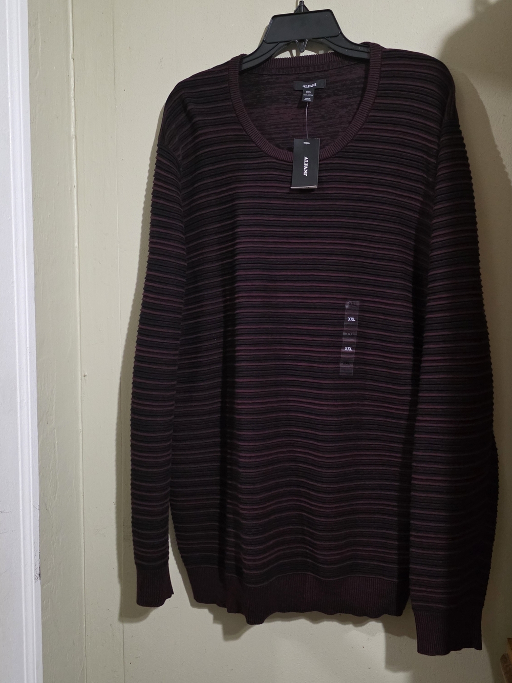 NWT Alfani Mens XXL Ottonman Textured Striped Crewneck Sweater Burgandy/Black